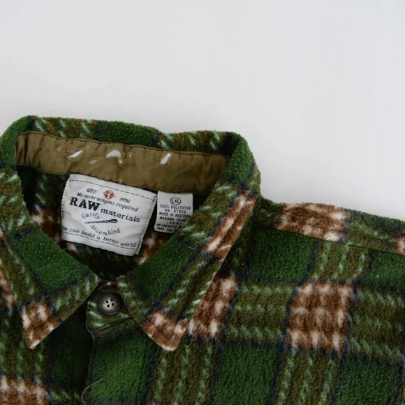 Vintage  90's Raw Materials Green & Brown Checker Print Fleece Button Up Shacket - Picture 11 of 12